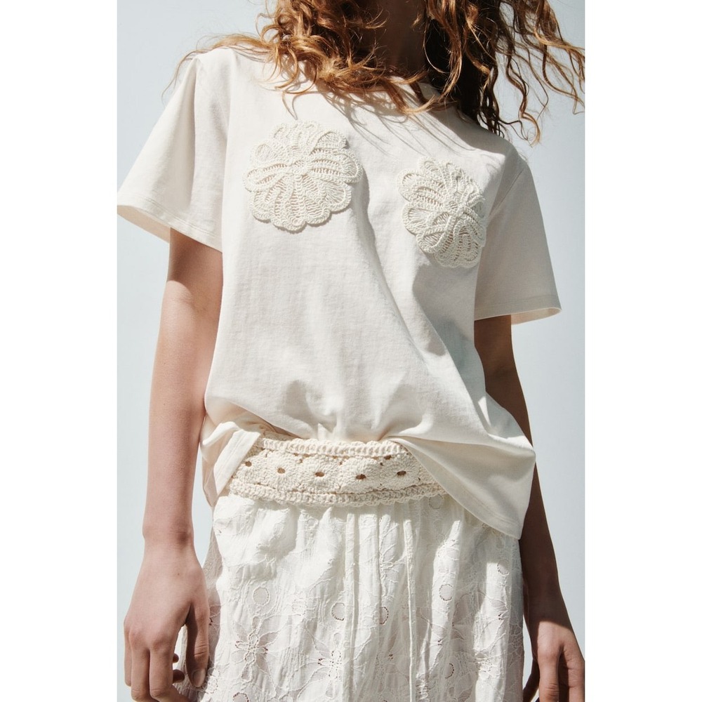 H&M Crochet Applique T-Shirt Womens Small White New With Tags